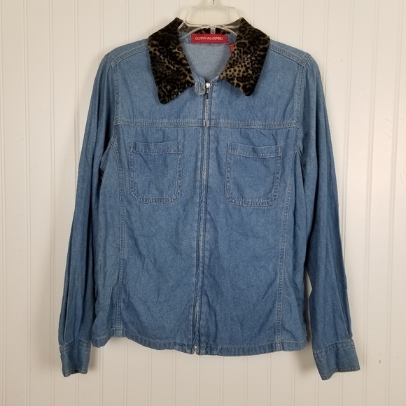 Vintage Denim Faux Fur Collar Cheetah Shirt Jacket Womens Medium Chambray Zipper - Picture 12 of 12